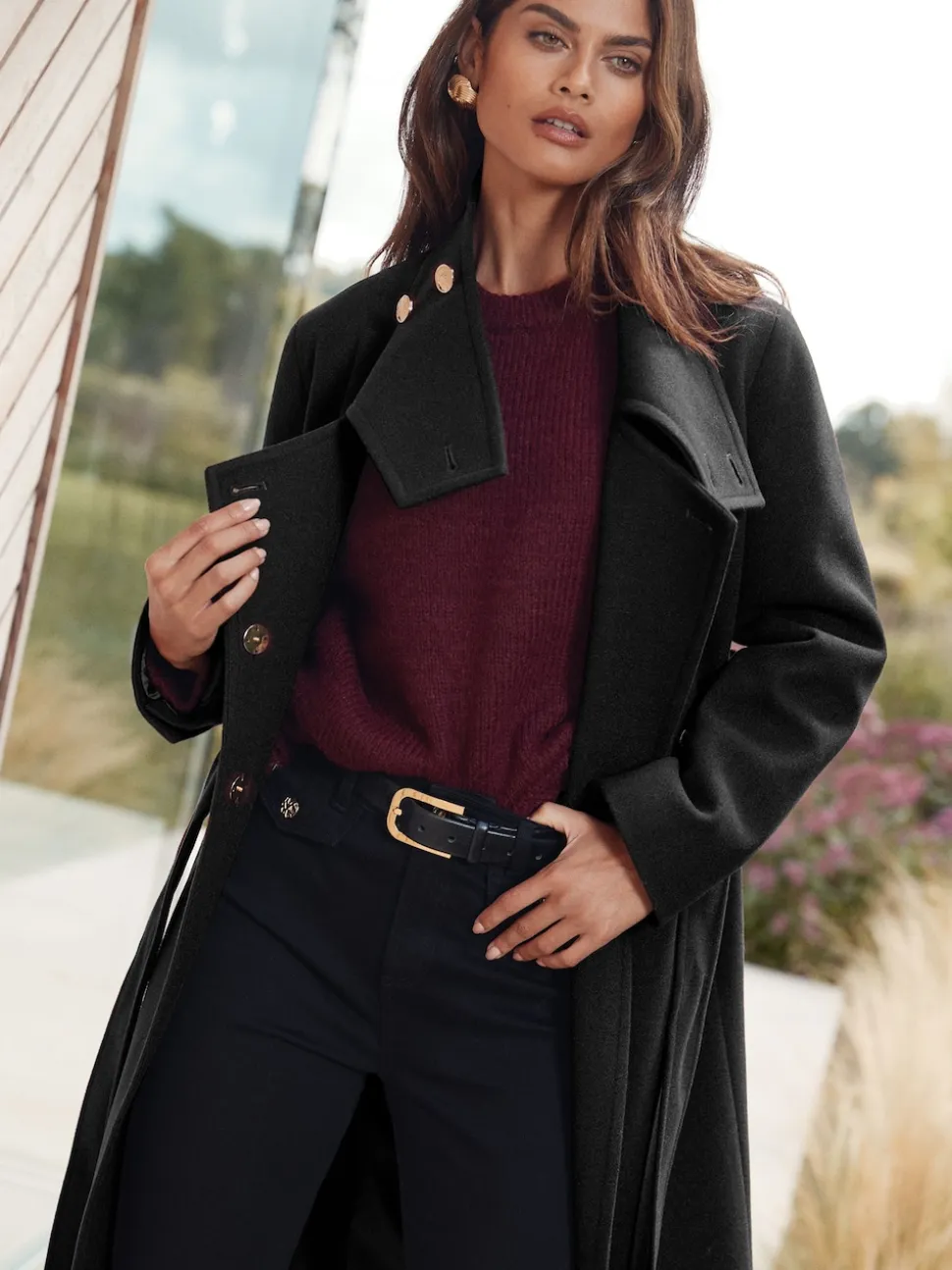 Lipsy Black Asymmetrical Funnel Neck Belted Coat
