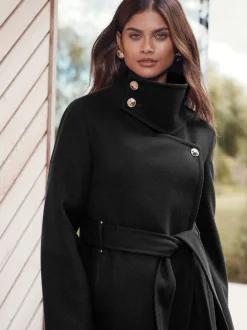 Lipsy Black Asymmetrical Funnel Neck Belted Coat