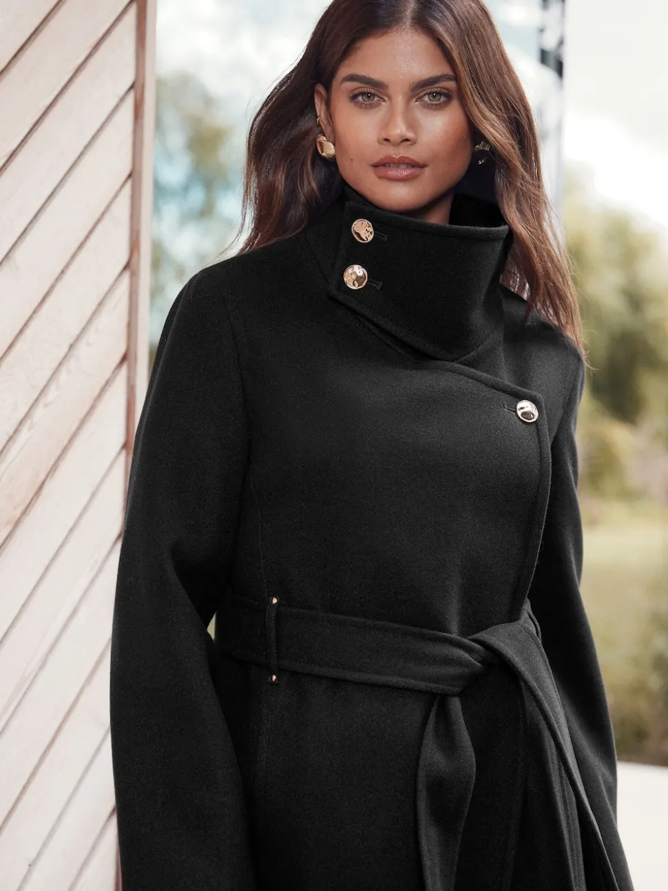 Lipsy Black Asymmetrical Funnel Neck Belted Coat