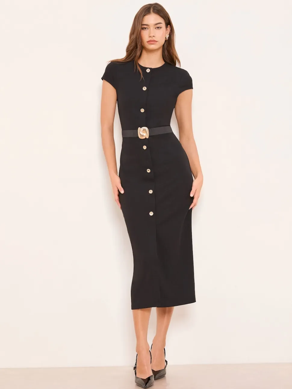 Lipsy Black Cap Sleeve Button Through Belted Bodycon Midi Dress