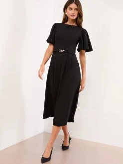 Lipsy Black Crew Neck Short Sleeve Fit and Flare Midi Dress with Gold Trim Belt