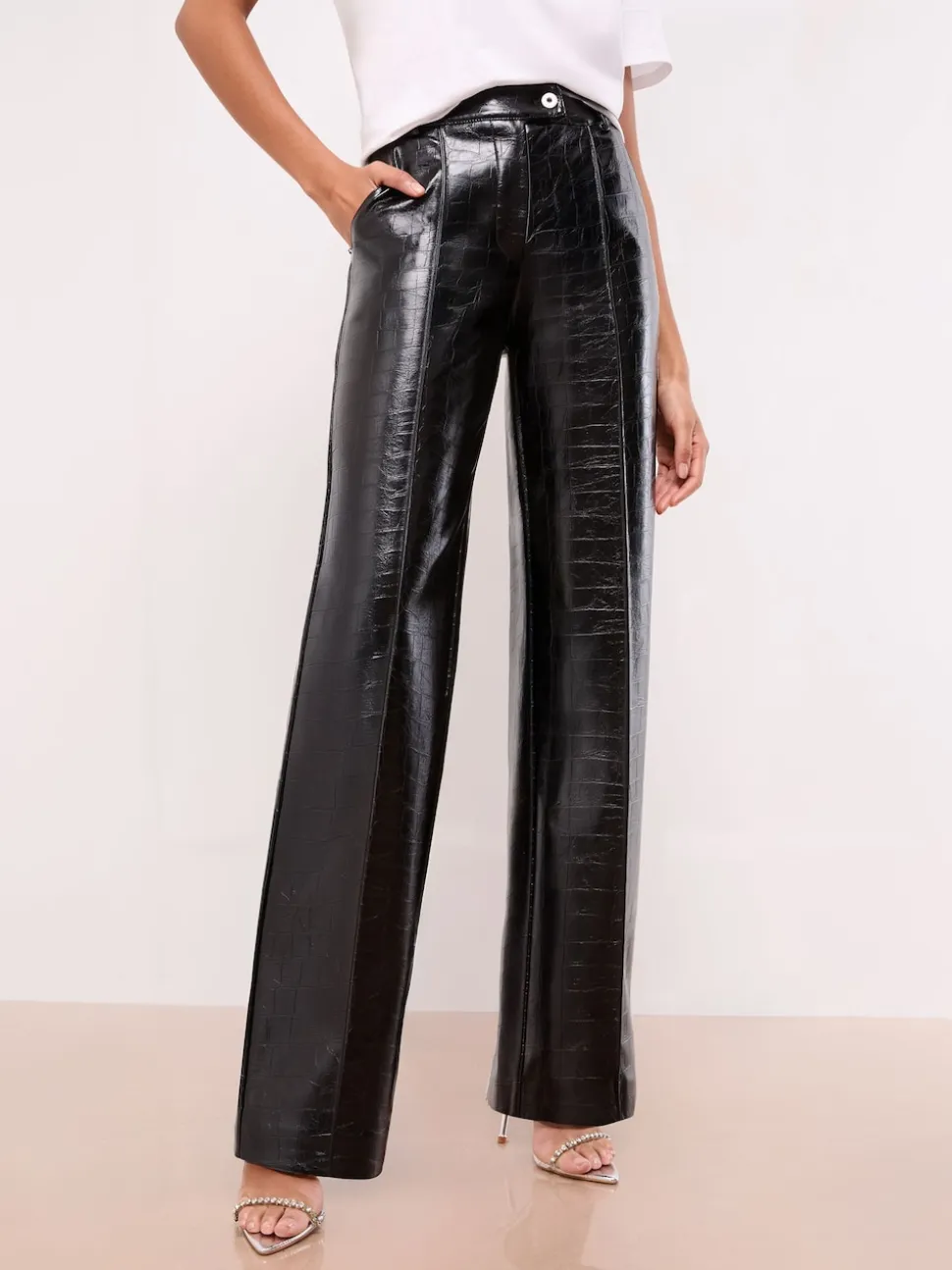 Lipsy Black Croc Faux Leather Pintuck Tailored Wide Leg Trousers