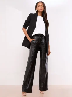 Lipsy Black Croc Faux Leather Pintuck Tailored Wide Leg Trousers