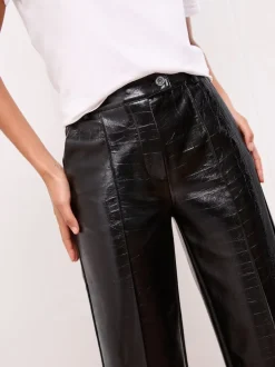 Lipsy Black Croc Faux Leather Pintuck Tailored Wide Leg Trousers