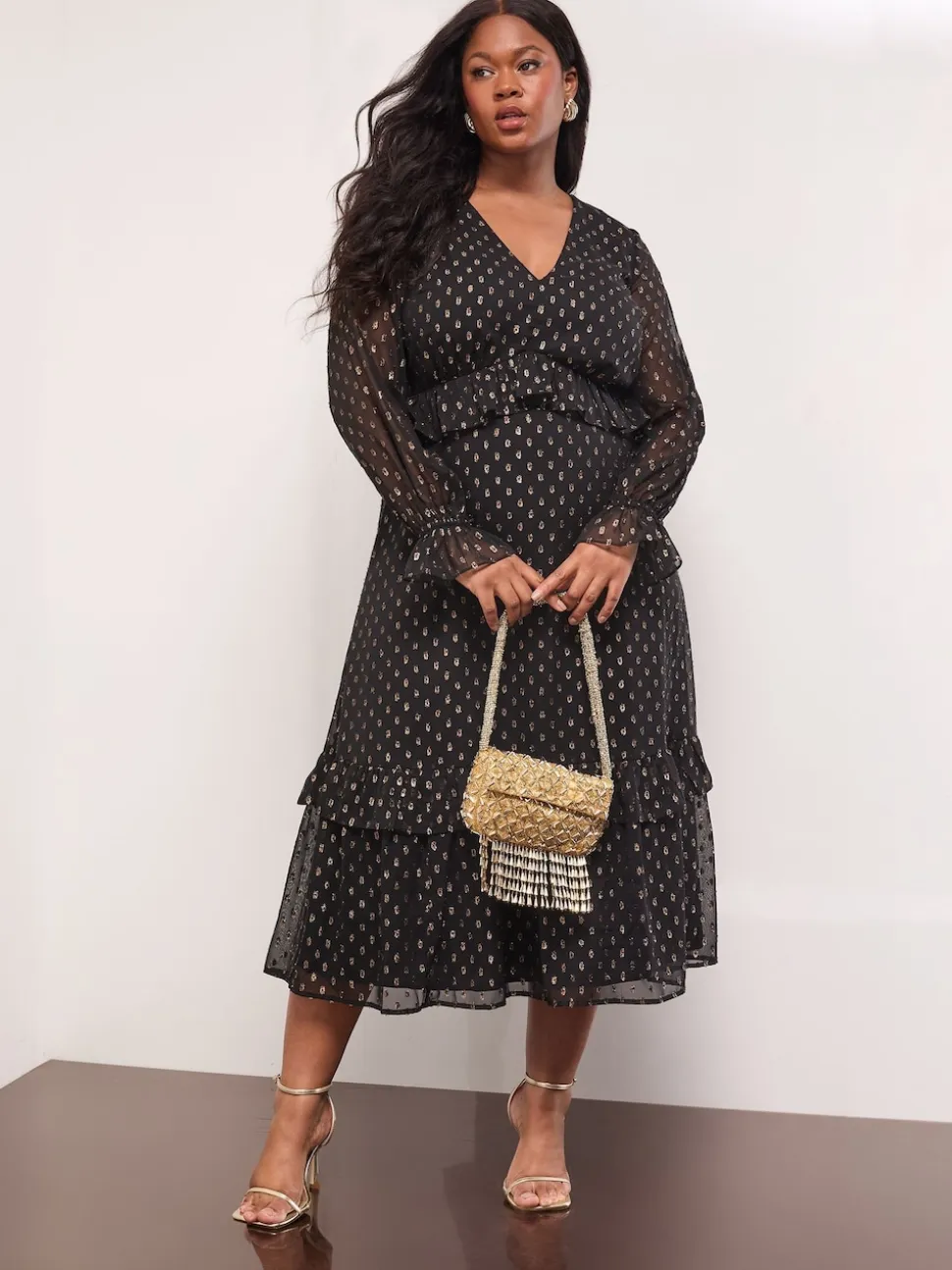 Lipsy Black Curve Metallic Spot V-Neck Ruffle Midi Dress