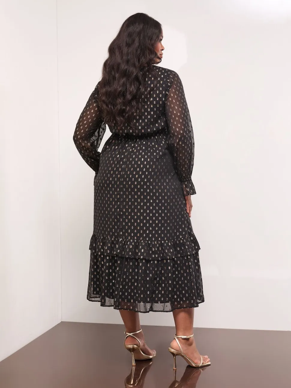 Lipsy Black Curve Metallic Spot V-Neck Ruffle Midi Dress