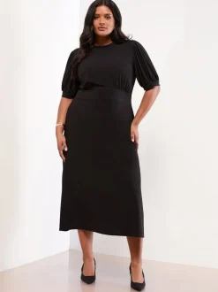 Lipsy Black Curve Military Button Short Sleeve Midi Jersey Dress