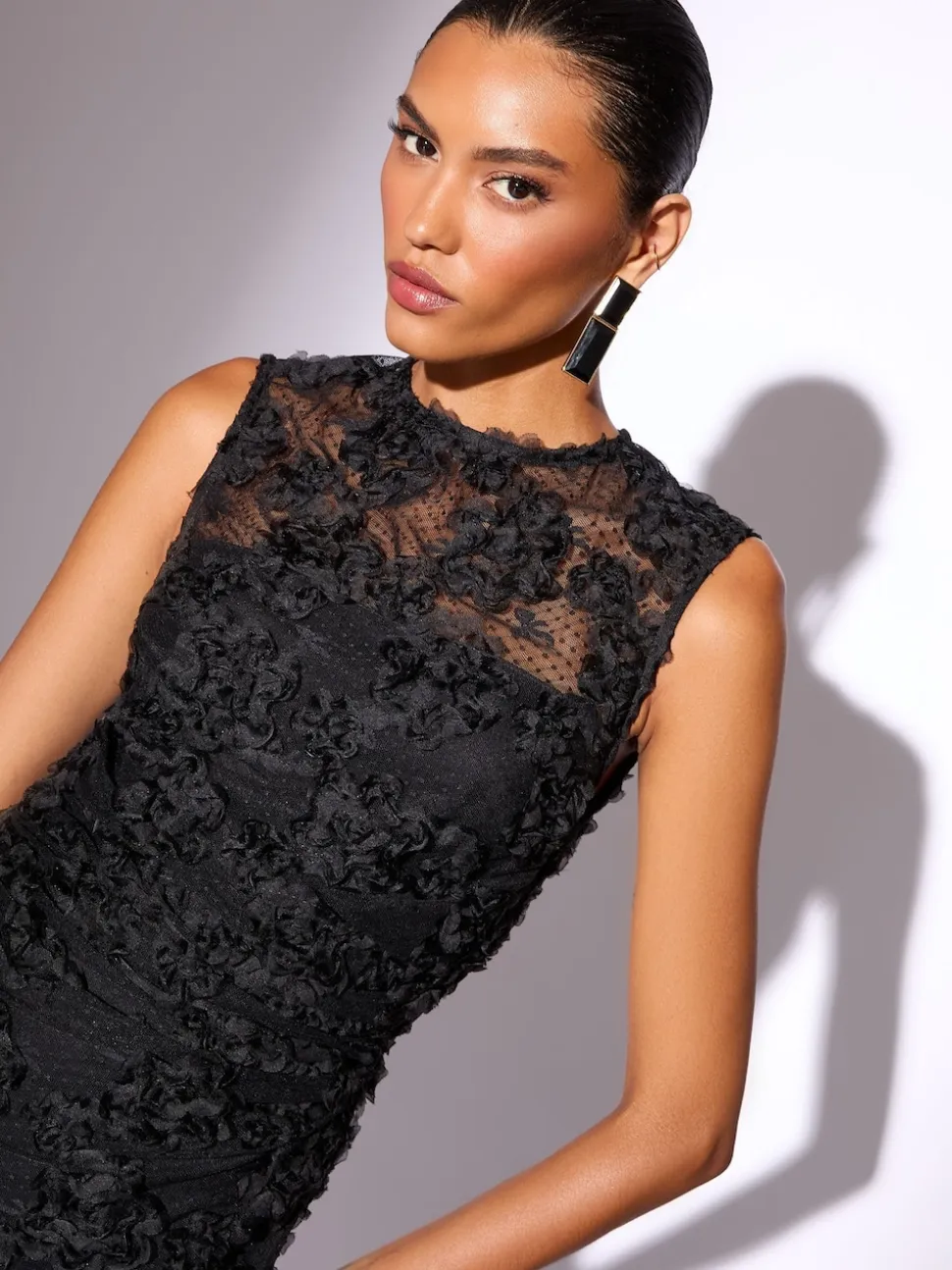 Lipsy Black 3d Floral Mesh Midaxi Bodycon Dress