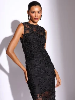 Lipsy Black 3d Floral Mesh Midaxi Bodycon Dress
