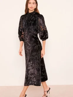 Lipsy Black Devore Velvet Puff Sleeve Midi Dress