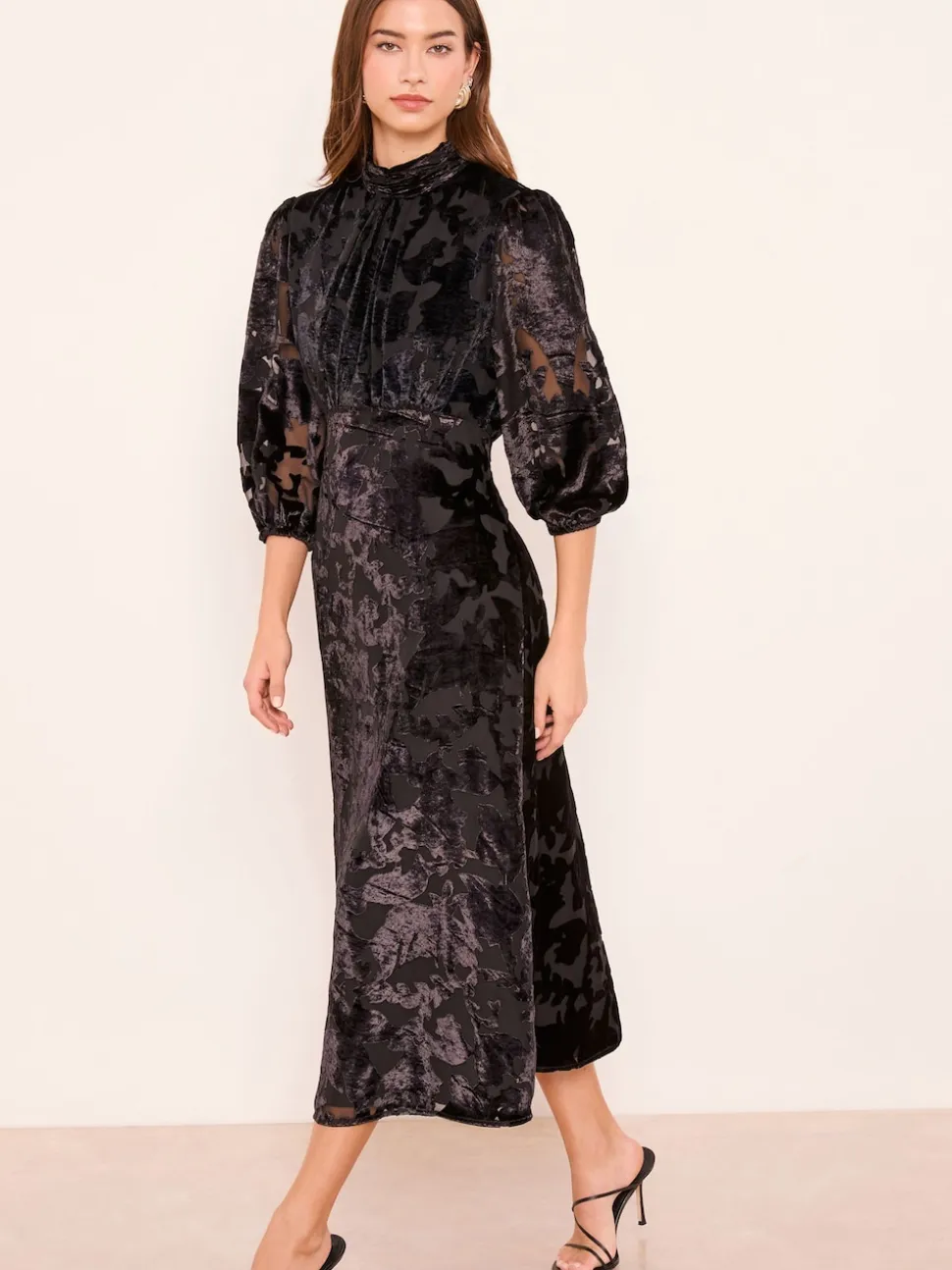 Lipsy Black Devore Velvet Puff Sleeve Midi Dress