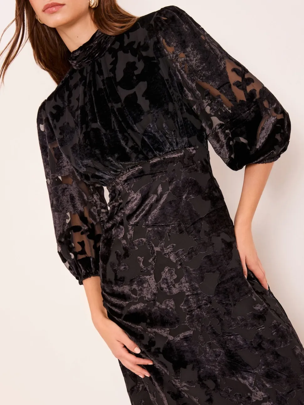 Lipsy Black Devore Velvet Puff Sleeve Midi Dress