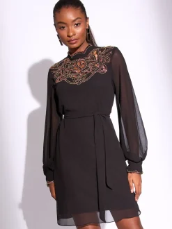 Lipsy Black Embellished Cut Out Artwork Long Sleeve Mini Shift Dress