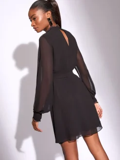 Lipsy Black Embellished Cut Out Artwork Long Sleeve Mini Shift Dress