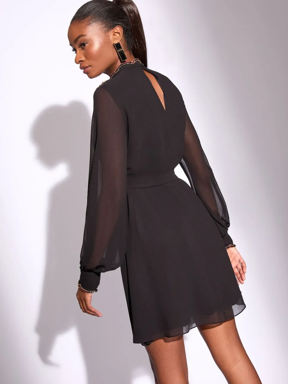 Lipsy Black Embellished Cut Out Artwork Long Sleeve Mini Shift Dress