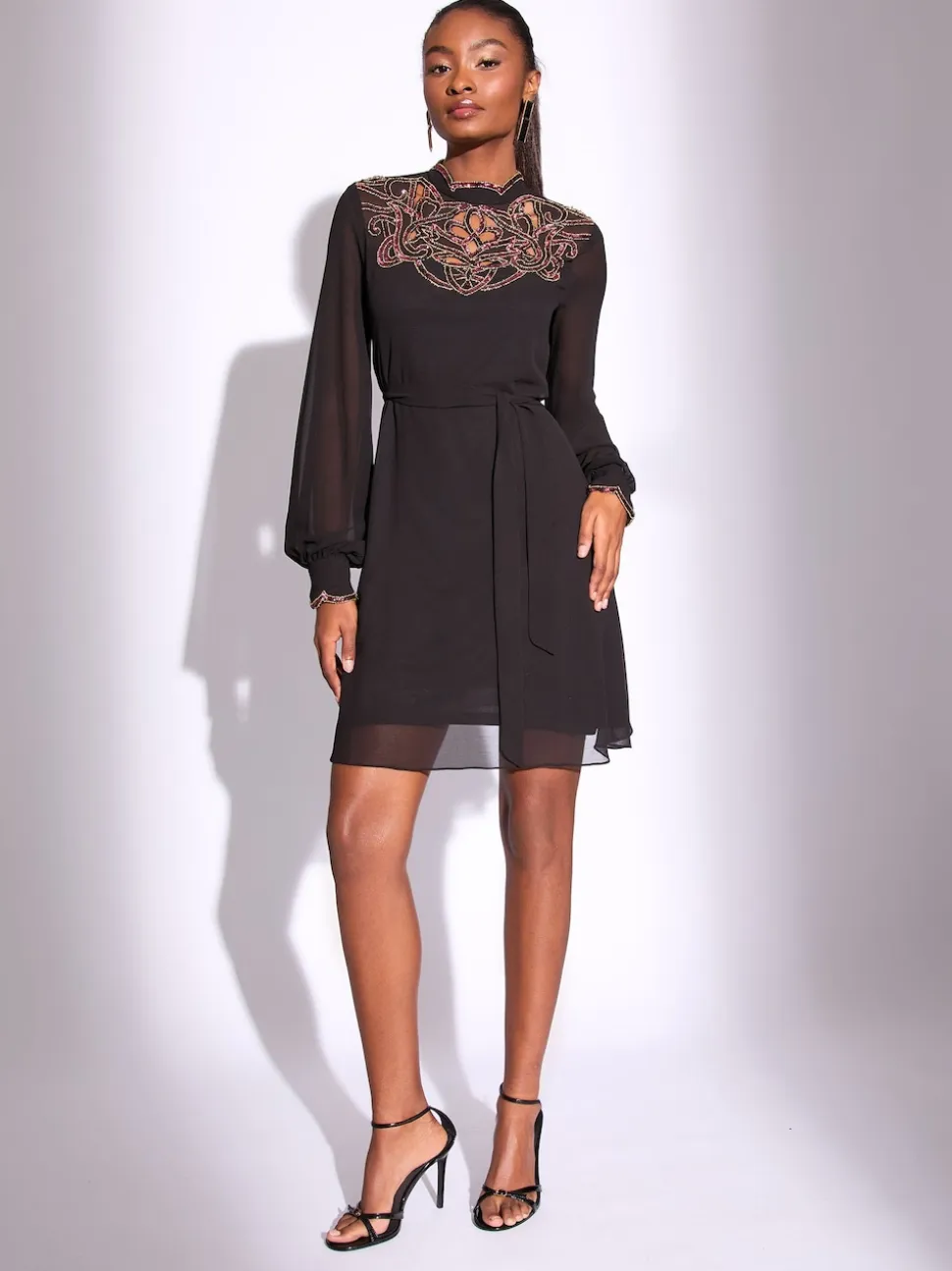 Lipsy Black Embellished Cut Out Artwork Long Sleeve Mini Shift Dress