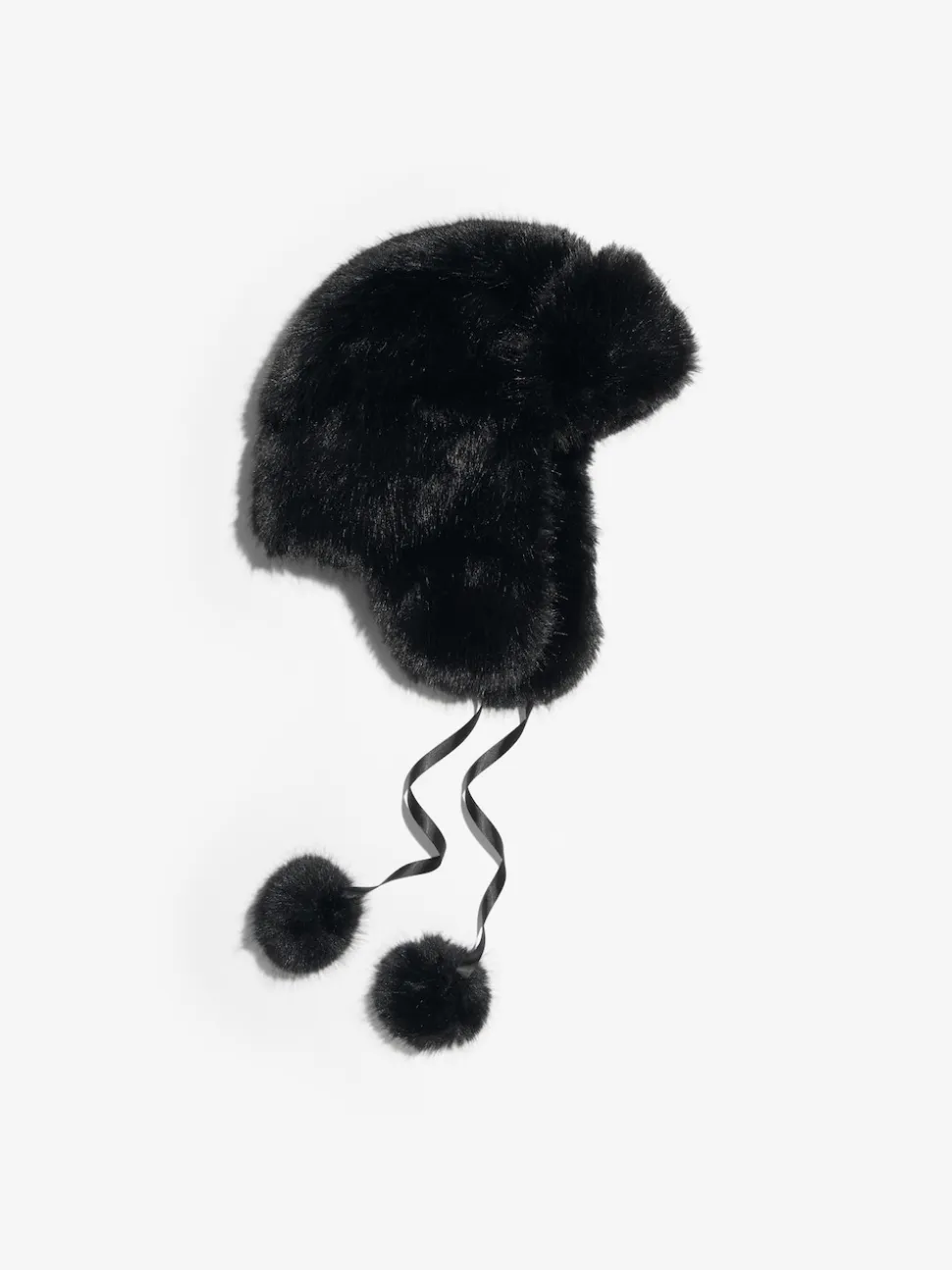Lipsy Black Faux Fur Trapper Hat with Poms