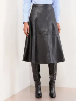 Lipsy Black Faux Leather Textured Fit and Flared Midi Skirt
