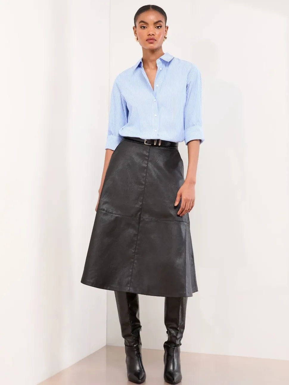 Lipsy Black Faux Leather Textured Fit and Flared Midi Skirt