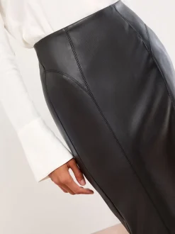 Lipsy Black Faux Leather Side Split Midi Skirt