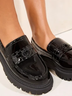 Lipsy Black Faux Leather Patent Chunky Penny Loafers
