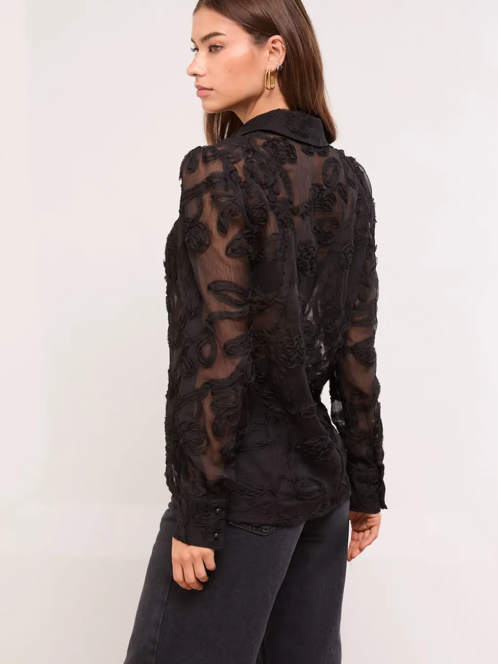 Lipsy Black Floral Burnout Button Through Shirt