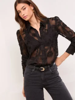 Lipsy Black Floral Burnout Button Through Shirt