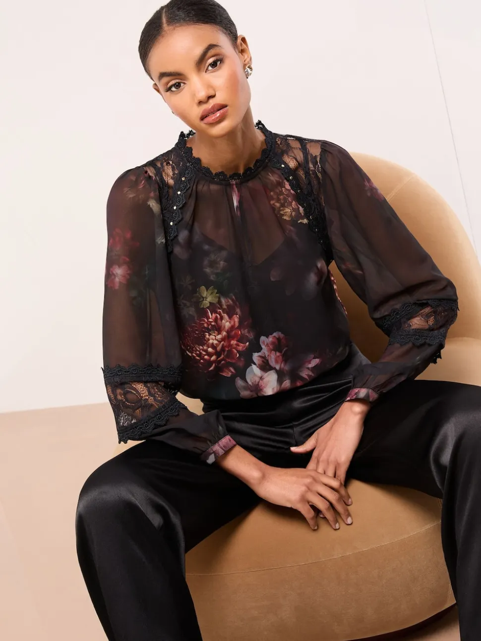 Lipsy Black Floral Lace Insert Sheer Blouse