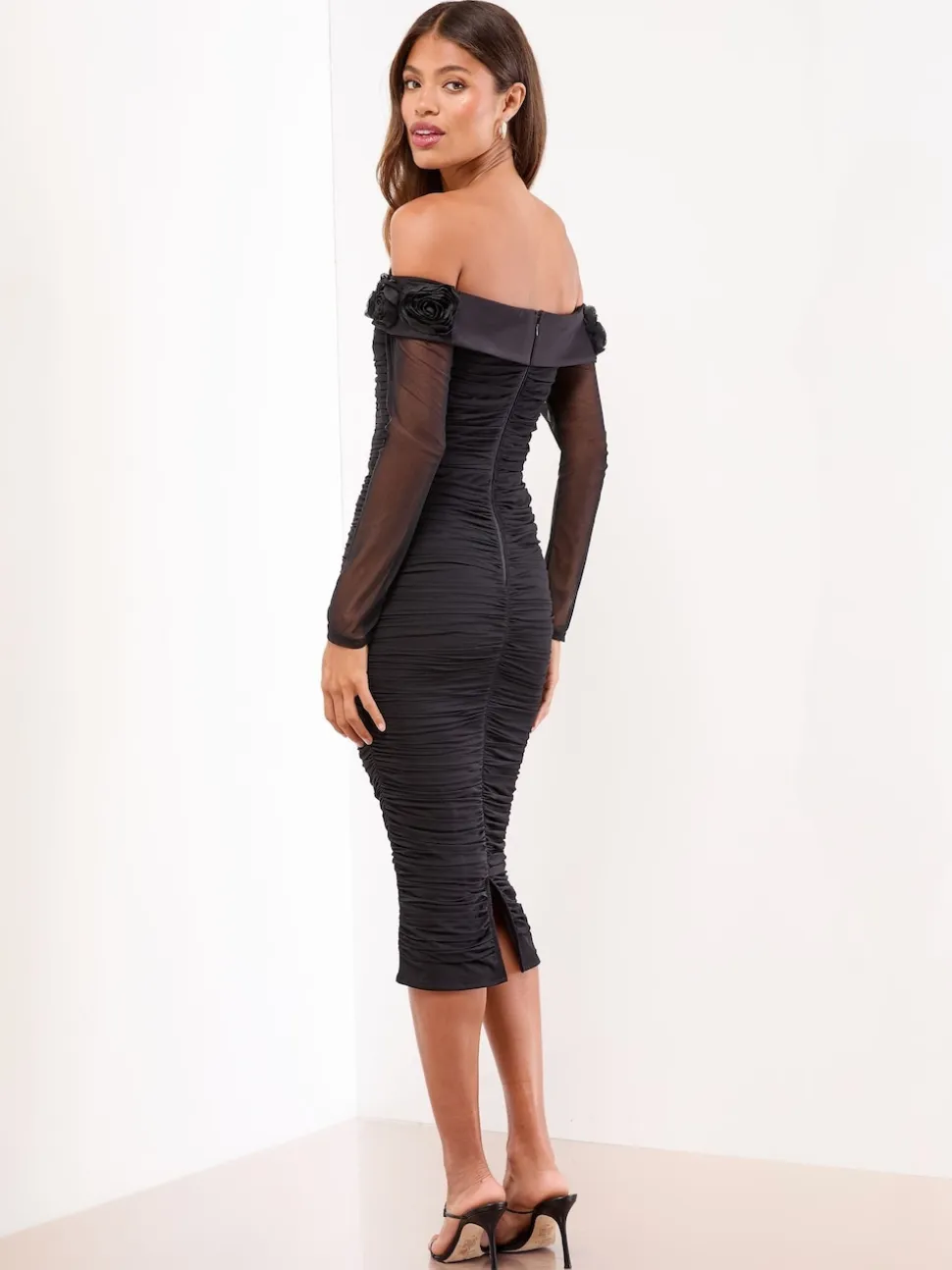 Lipsy Black Flower 3D Trim Bardot Long Sleeve Mesh Bodycon Midi Dress