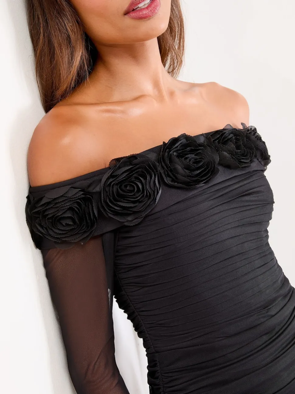 Lipsy Black Flower 3D Trim Bardot Long Sleeve Mesh Bodycon Midi Dress