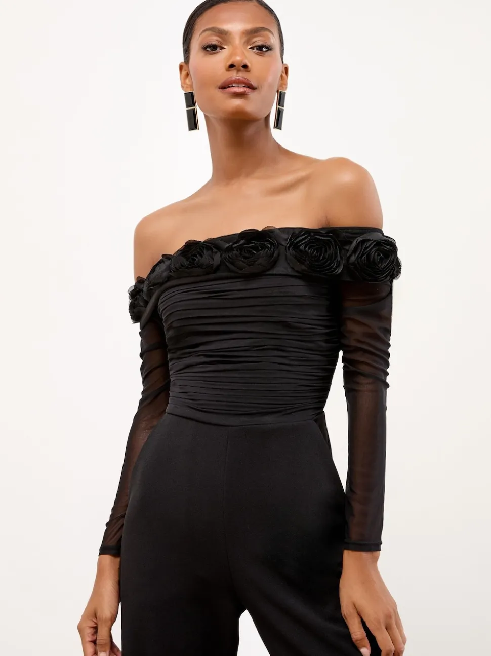 Lipsy Black Flower 3D Trim Bardot Long Sleeve Mesh Jumpsuit