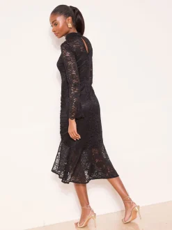 Lipsy Black High Neck Lace Flare Sleeve Midi Dress