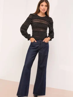 Lipsy Black Lace Polka Dot Long Sleece Top