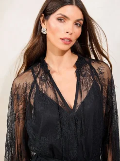 Lipsy Black Lace Ruffle Long Sleeve Midi Dress
