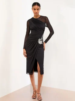 Lipsy Black Long Sleeve Embellished Trim Mesh Bodycon Midi Dress