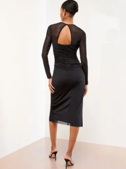 Lipsy Black Long Sleeve Embellished Trim Mesh Bodycon Midi Dress