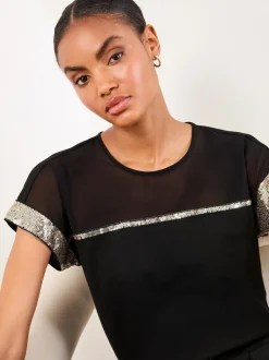Lipsy Black Mesh Gold Sequin Crew Neck T-Shirt