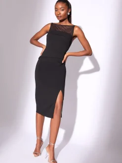 Lipsy Black Mesh Mix Sleeveless Bodycon Midi Dress