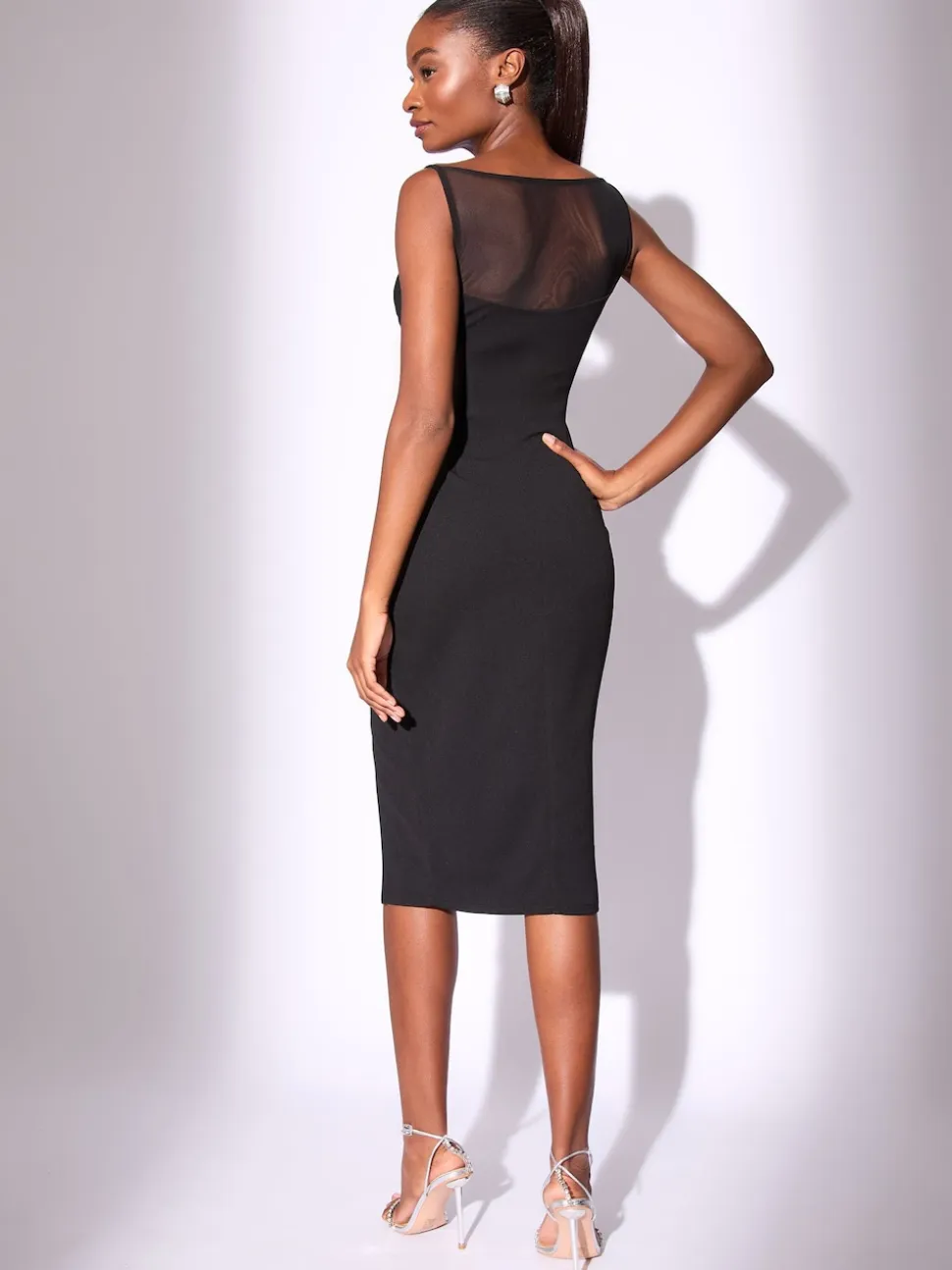 Lipsy Black Mesh Mix Sleeveless Bodycon Midi Dress