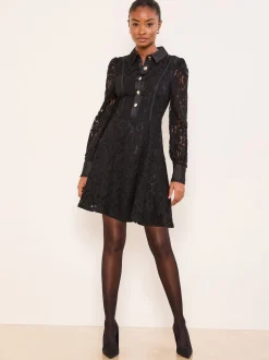 Lipsy Black Mini All-Over Lace Long Sleeve Skater Dress