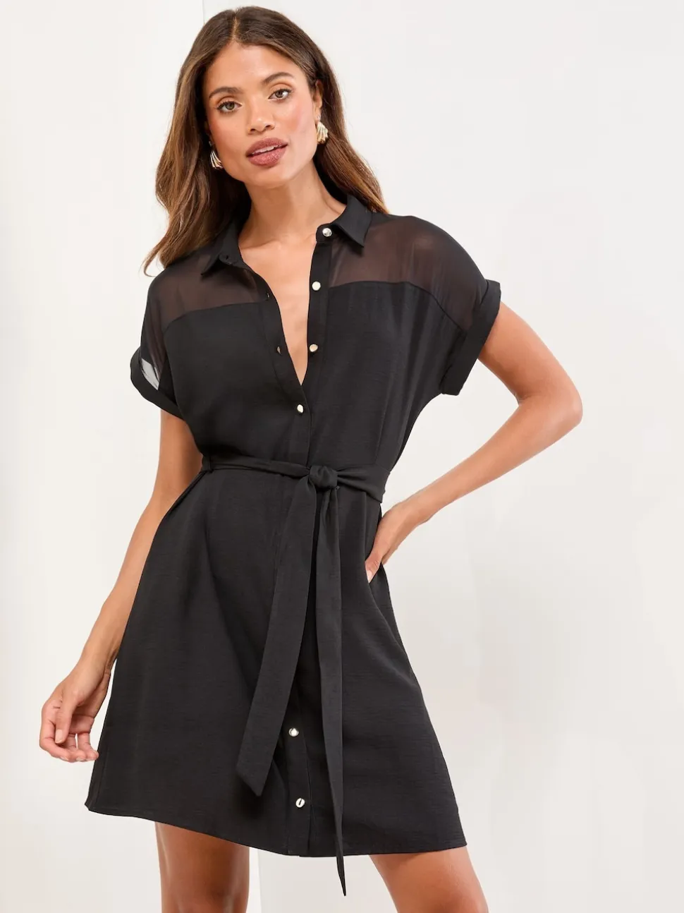 Lipsy Black Mini Mesh Insert Belted Shirt Dress