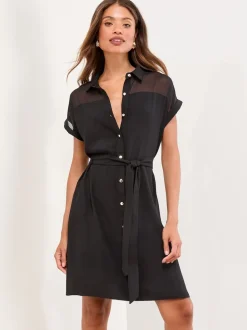Lipsy Black Mini Mesh Insert Belted Shirt Dress