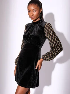 Lipsy Black Mini Velvet Sequin Detail Long Sleeve Shift Dress