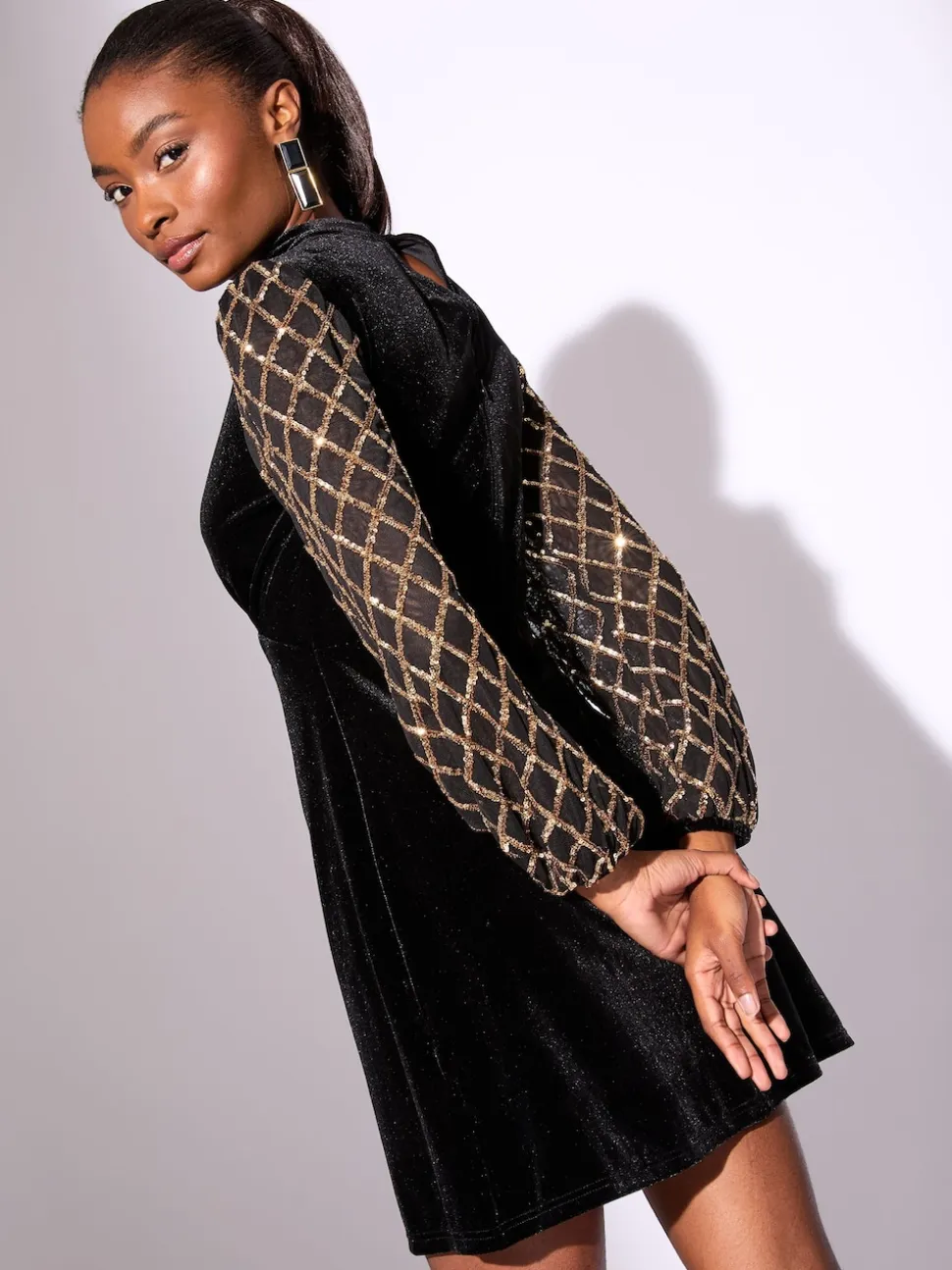 Lipsy Black Mini Velvet Sequin Detail Long Sleeve Shift Dress
