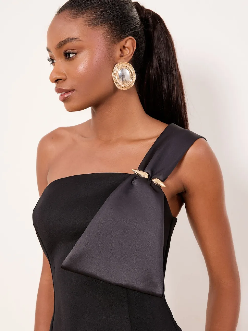 Lipsy Black One Shoulder Asym Bow Bodycon Midi Dress