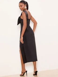Lipsy Black One Shoulder Asym Bow Bodycon Midi Dress