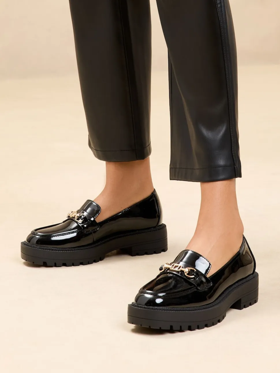 Lipsy Black Patent Standard Fit Chunky Snaffle Trim Detail Faux Leather Loafers