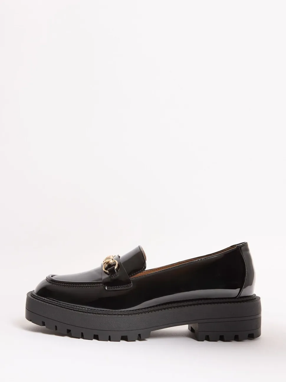 Lipsy Black Patent Standard Fit Chunky Snaffle Trim Detail Faux Leather Loafers