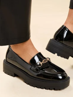 Lipsy Black Patent Wide Fit Chunky Snaffle Trim Detail Faux Leather Loafers