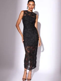 Lipsy Black Petite 3d Floral Mesh Midaxi Bodycon Dress
